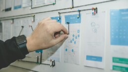 Team che pianifica la timeline di un progetto sito web su una lavagna